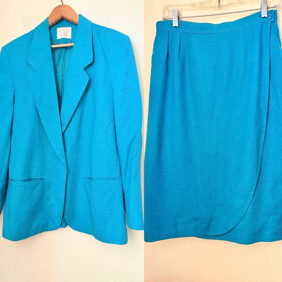 Vintage Pendleton Country Sophisticates Turquoise Linen Blazer Skirt Set 12 USA - Picture 1 of 10